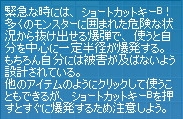 緊急な時には、シュートカットキーB!多くのモンスターに囲まれた危険な状況かた抜け出せる爆弾で、使うと自分を中心に一定半径が爆発する。もちろん自分には被害が及ばないよう設計されている。他のアイテムのようにクリックして使うこともできるが、シュートカットキーBを押すとすぐに爆発するため注意しよう。